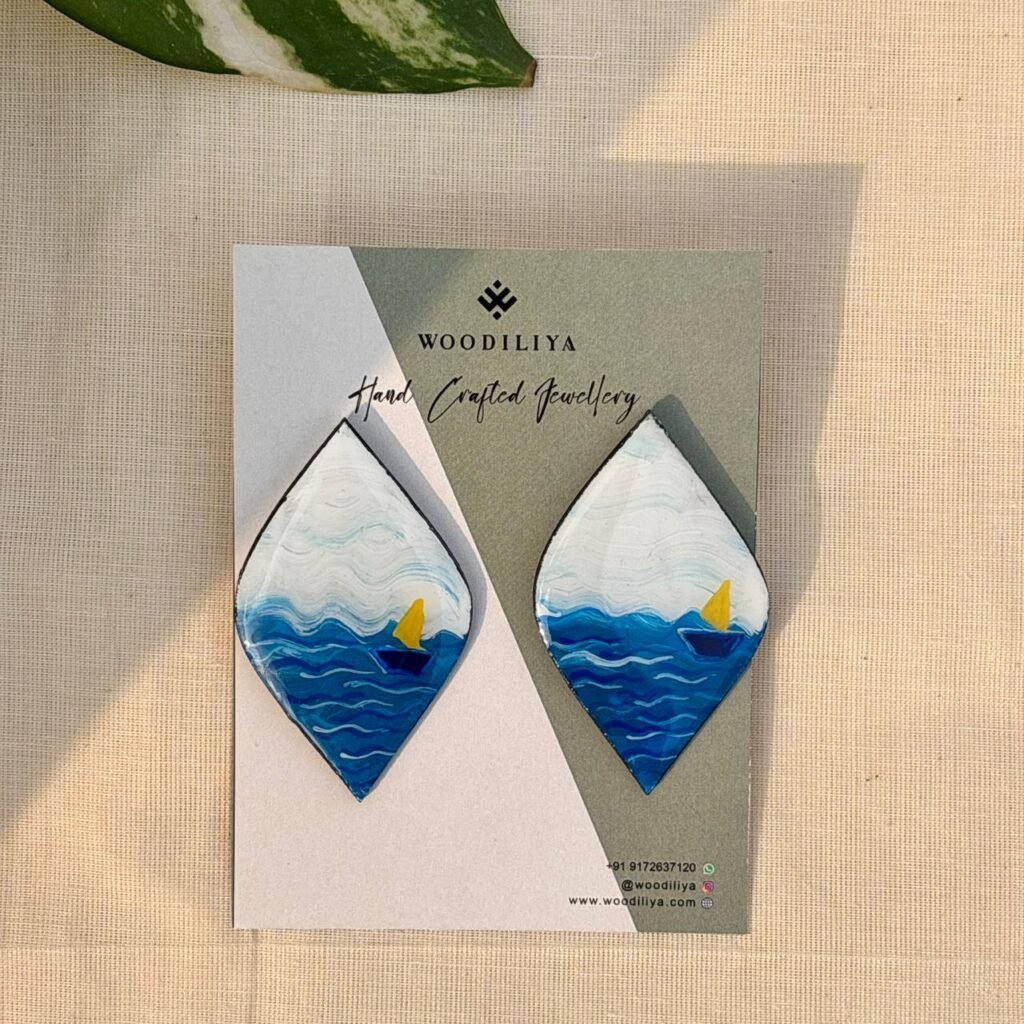 hand painted wooden earrings blue pattern