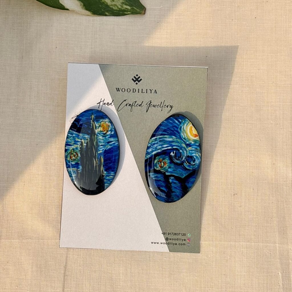 hand painted wooden earrings blue pattern