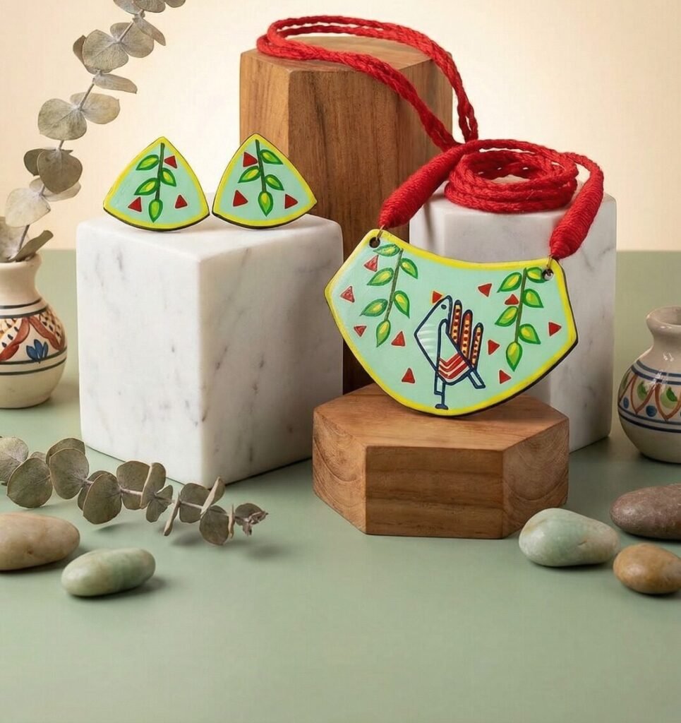 hand painted wooden necklace statement design