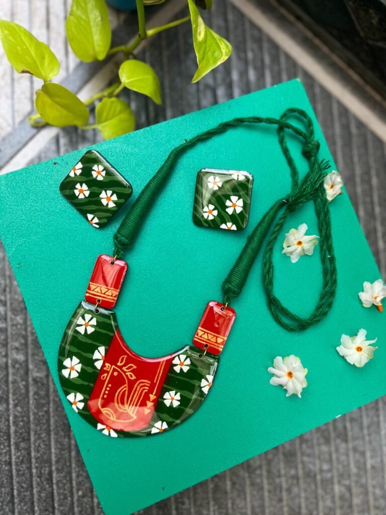 Green Parijat floral necklace Parijat flower statement necklace handmade Ethnic green floral necklace handmade jewellery