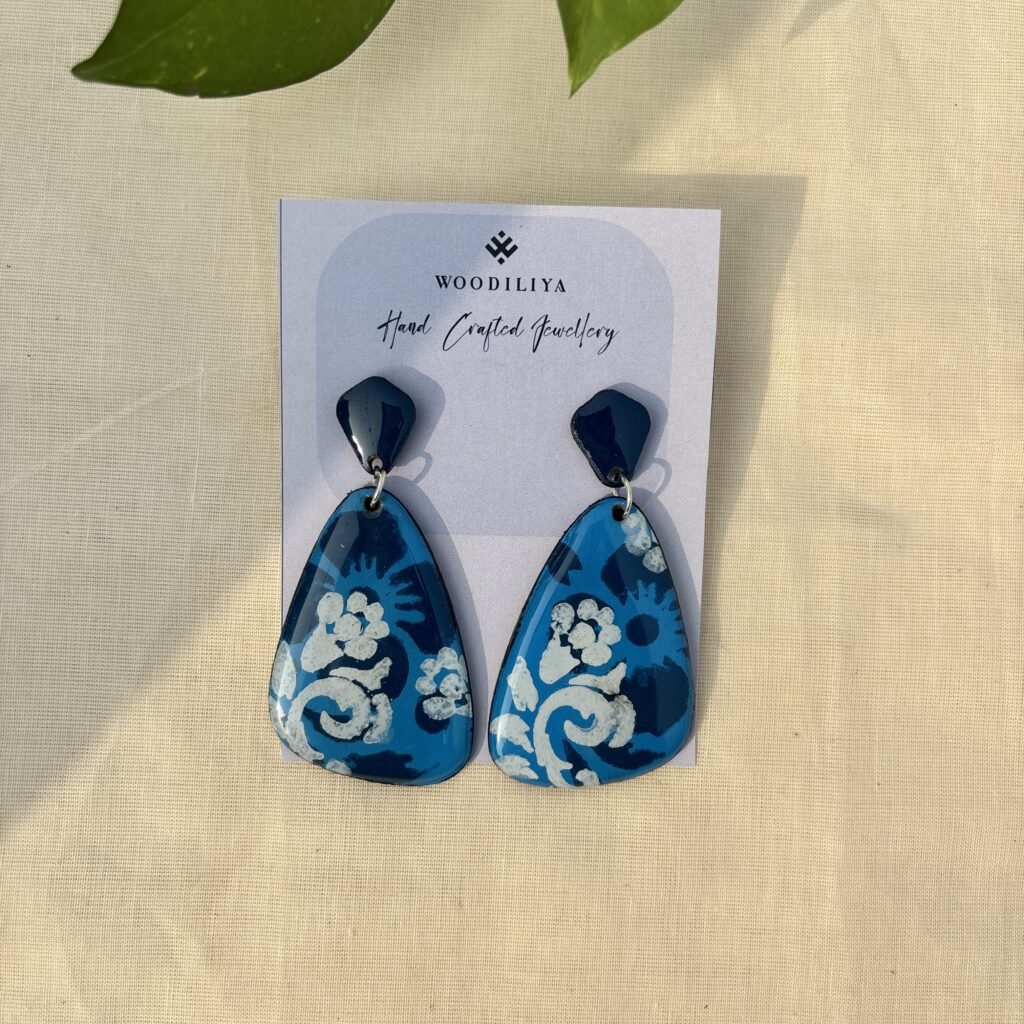 hand painted wooden earrings blue pattern