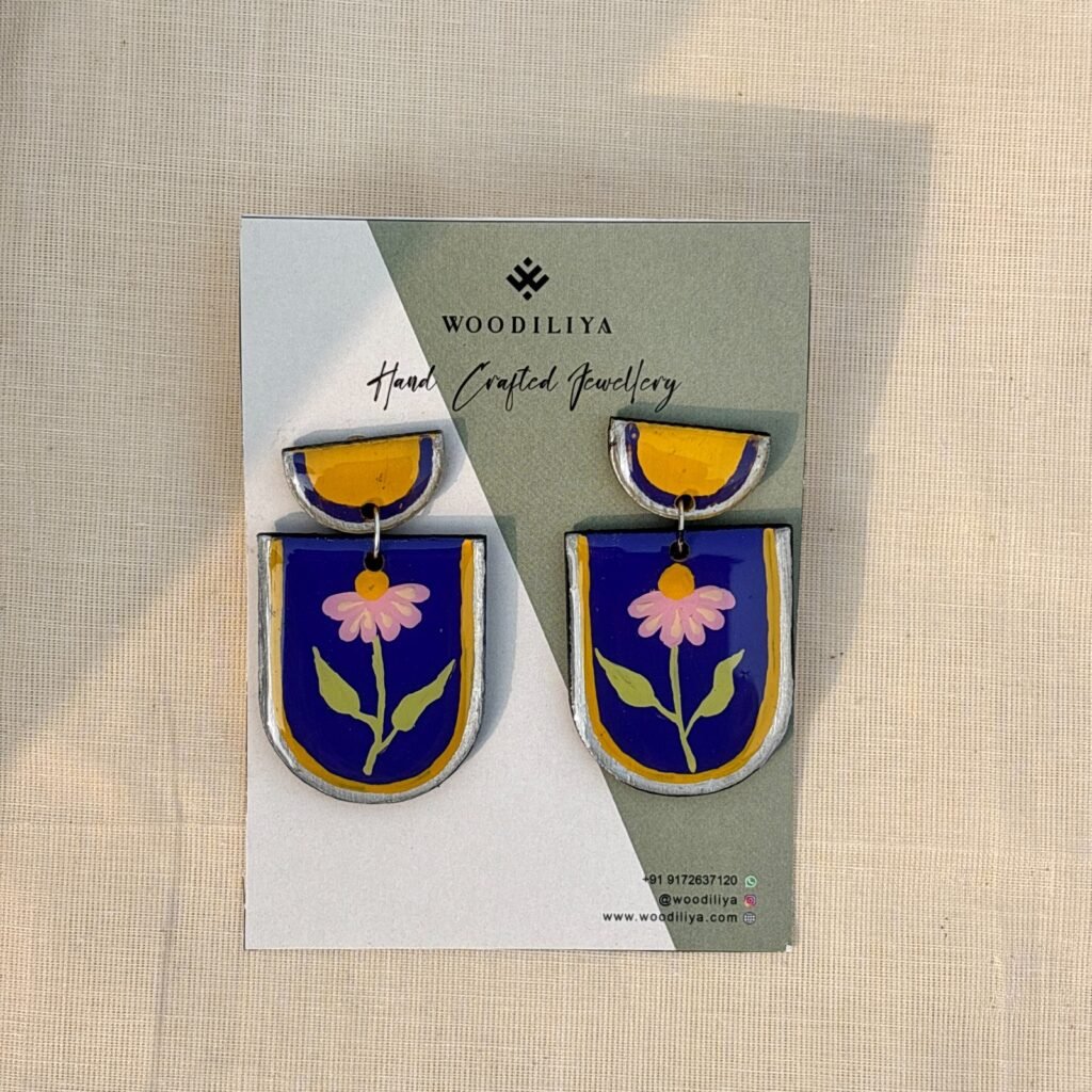 Contrast Color Flower Earrings hand painted wooden earrings blue pattern